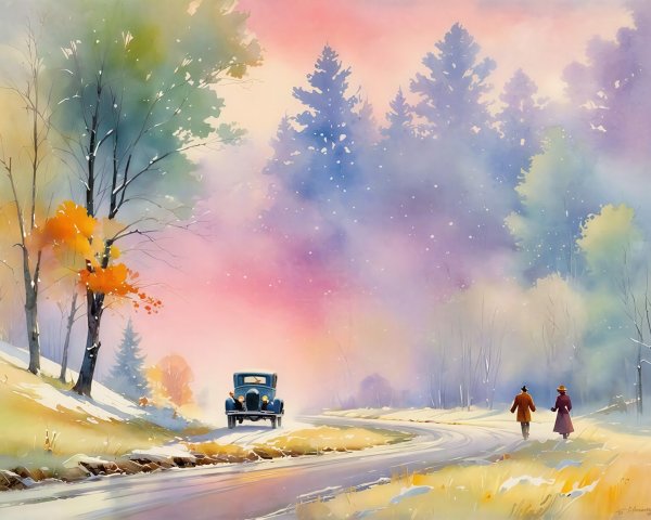 Watercolor Artwork of Antique Car on Winding Road