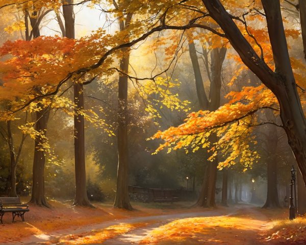 Autumn Forest Scene with Golden Light and Benches