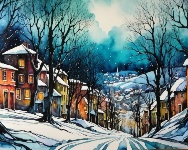 Serene winter landscape with a snow-covered village