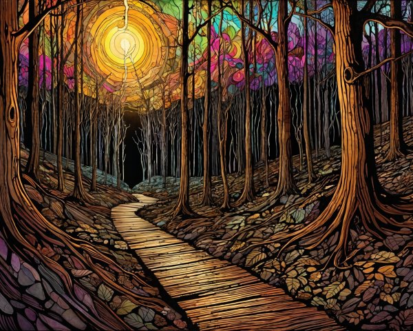 Serene forest path with vibrant stained-glass foliage