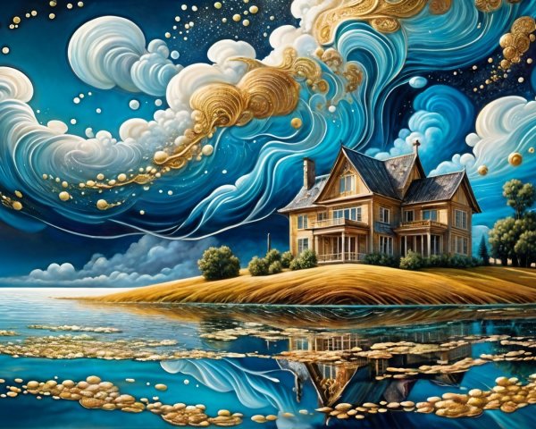 Whimsical Landscape with Grand House and Tranquil Water