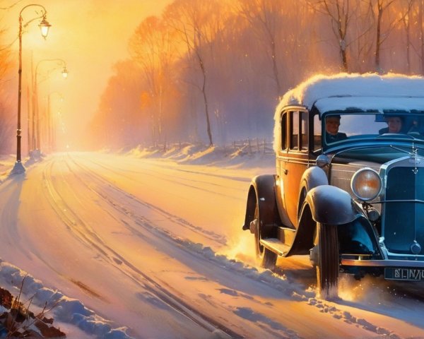 1930s Vintage Car in Snowy Sunrise Scene