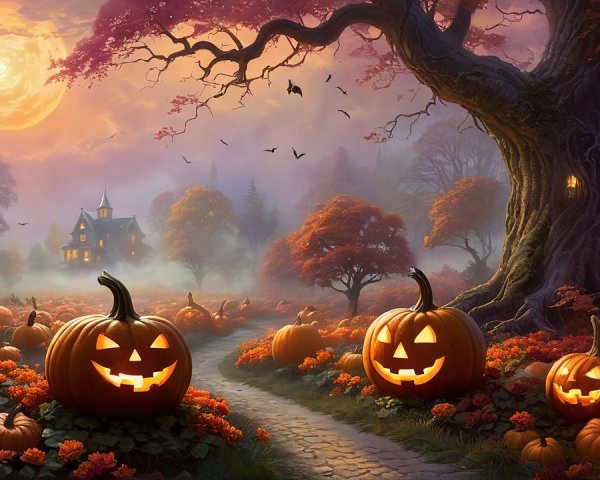 Spooky Halloween Scene with Pumpkins and Moonlight