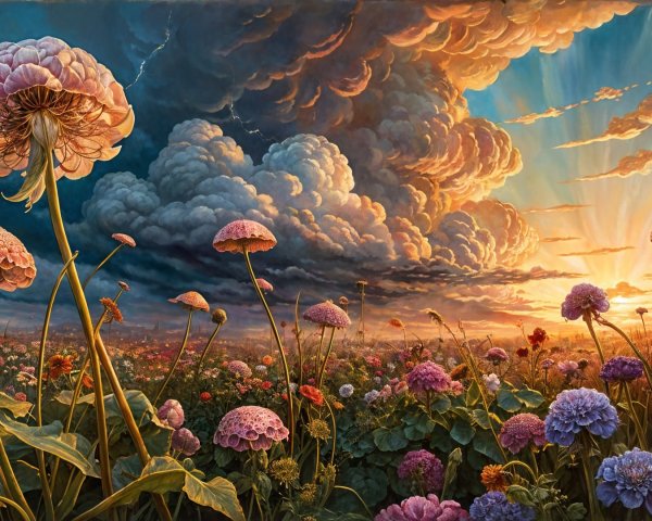 Vibrant Field of Colorful Flowers at Sunset