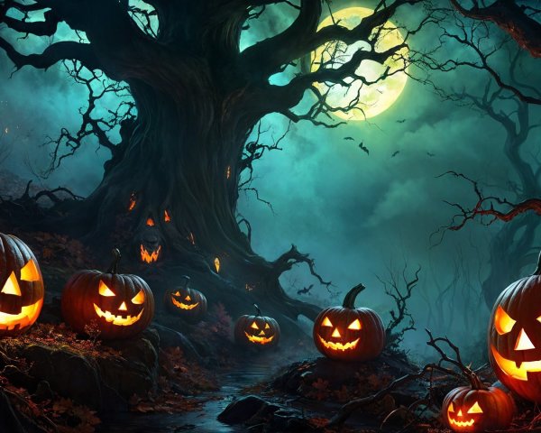 Spooky Halloween Scene in a Dark Forest with Fog
