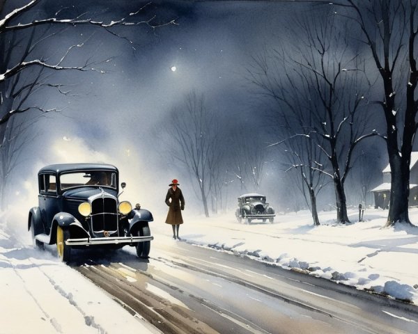 Panoramic Watercolor of Winter Street Scene