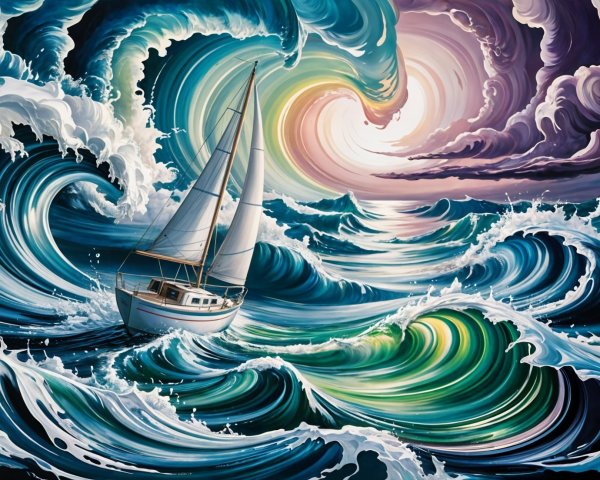 Vibrant Seascape with Sailboat and Tumultuous Waves