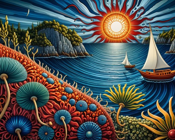 Vibrant Coastal Scene with Sunrise and Marine Life