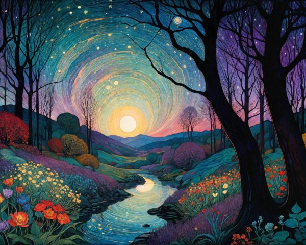 Vibrant Dusk Landscape with Stars and Blooming Flowers