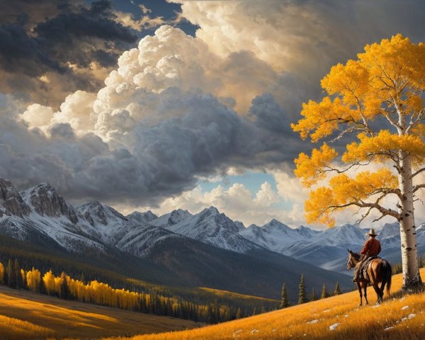 Lone Rider Under a Golden Tree in Autumn Landscape
