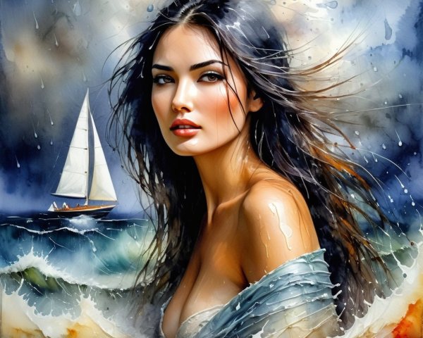 Young Woman with Wavy Hair Against Ocean Background