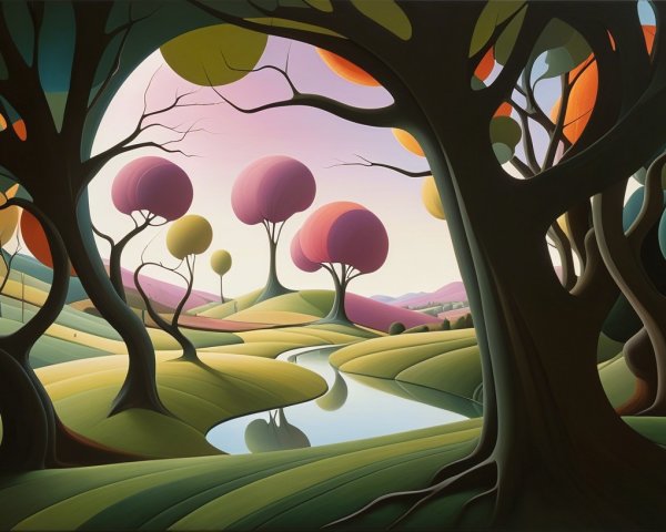 Surreal Landscape with Rolling Hills and Vibrant Trees