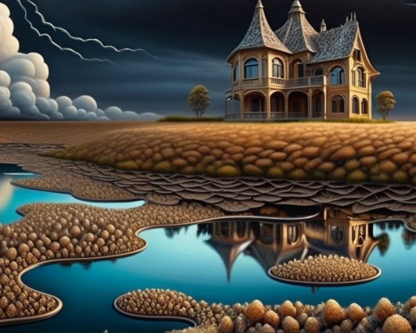 Victorian Mansion in Surreal Landscape with Lightning