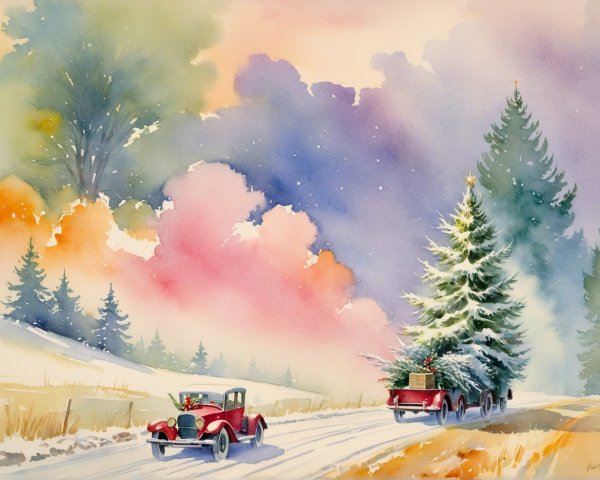 Winter Scene with Vintage Cars in Watercolor Painting
