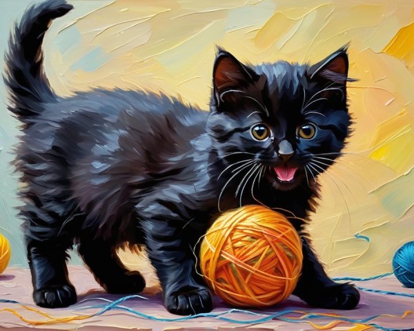 Playful Black Kitten with Yarn on Colorful Surface
