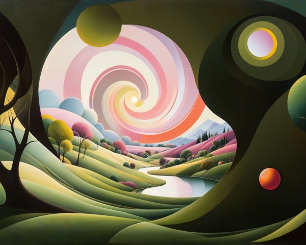 Vibrant Landscape with Pastel Colors and Celestial Bodies