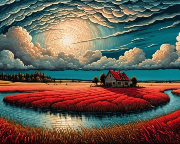 Vibrant landscape with a house and colorful fields