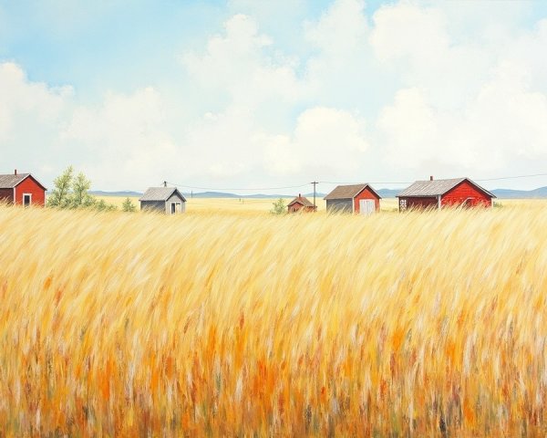 Panoramic Landscape of Wheat Fields and Rustic Houses
