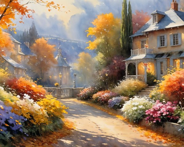 Autumn Pathway with Historic Houses and Blooming Flowers