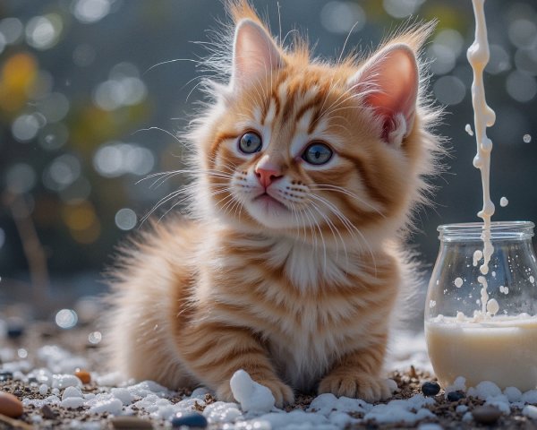 Fluffy Orange Tabby Kitten in Playful Milk Scene