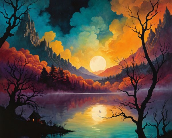 Vibrant Landscape with Lake and Dramatic Sunset