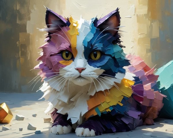 Colorful Abstract Cat Sculpture in Soft Lighting