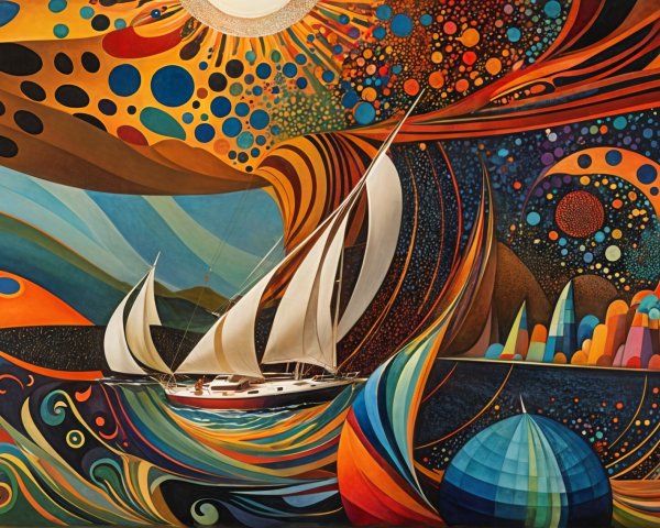 Abstract Sailing Ship in Colorful Cosmic Landscape