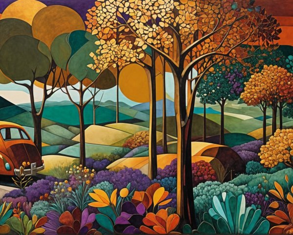 Vibrant Landscape with Orange Car and Autumn Trees