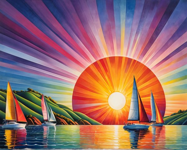 Vibrant Sunset with Sailboats and Green Hills