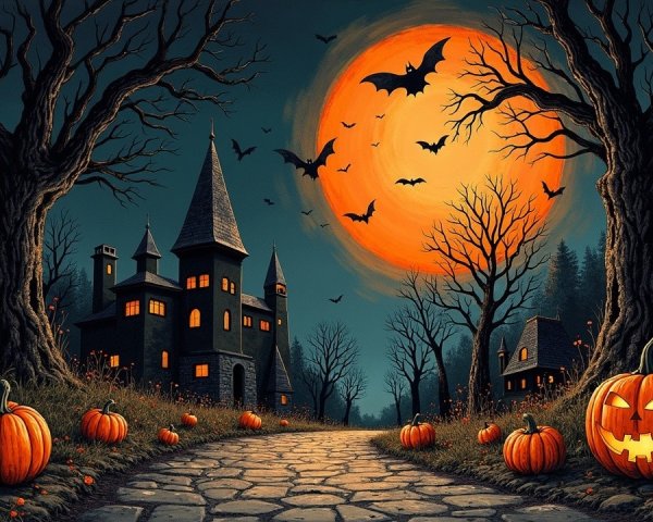 Spooky Halloween Scene with Forest and Haunted Castle
