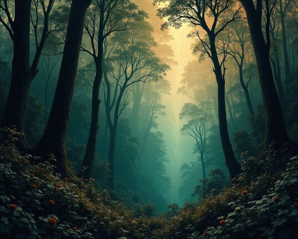 Serene forest scene with tall trees and vibrant flowers