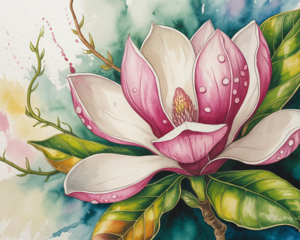 Detailed Illustration of a Magnolia Flower with Water Droplets