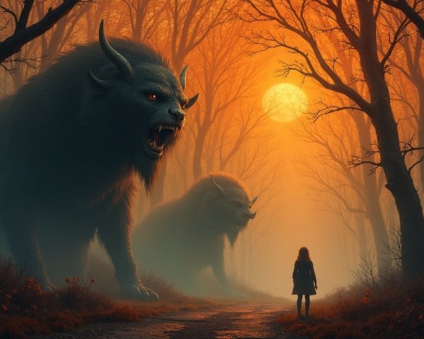 Foggy Twilight Forest with Monstrous Creatures