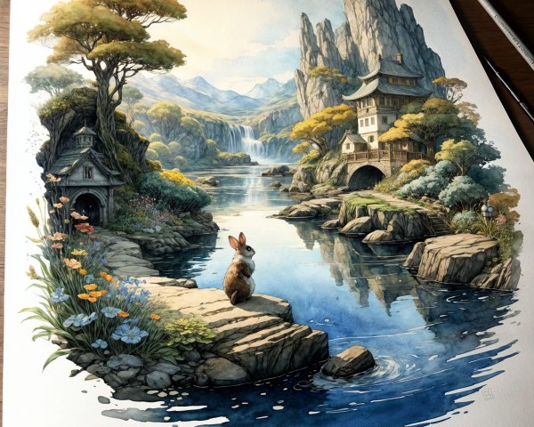 Tranquil River Valley with Mountains and Wooden House