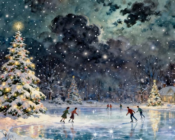 Winter Wonderland Watercolor Painting with Ice Skating Scene
