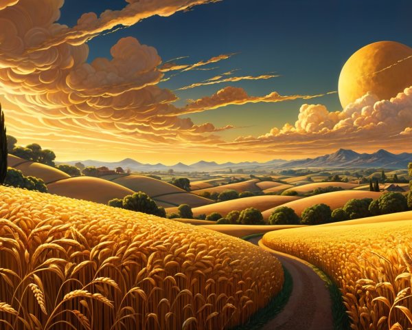 Golden Landscape with Wheat Fields and Twilight Sky