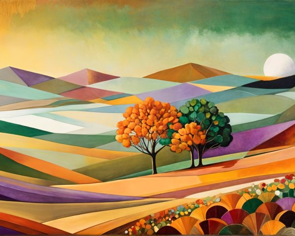 Vibrant Landscape with Rolling Hills and Stylized Trees