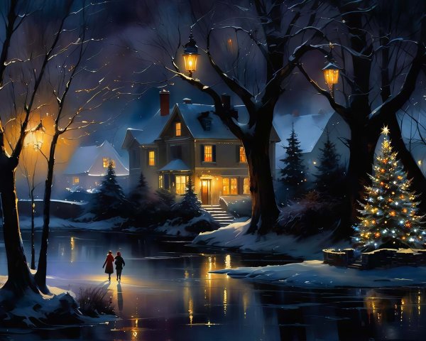 Winter Night Scene with Couple on Frozen Lake