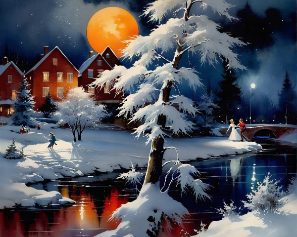 Vibrant Winter Village Scene with Moonlit Landscape