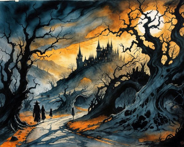 Gothic Landscape with Twisted Trees and Distant Castle