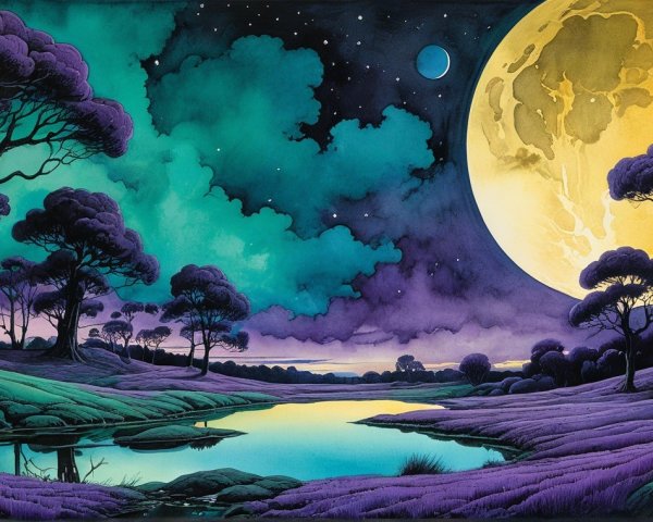Dreamlike Landscape with River and Luminous Moon