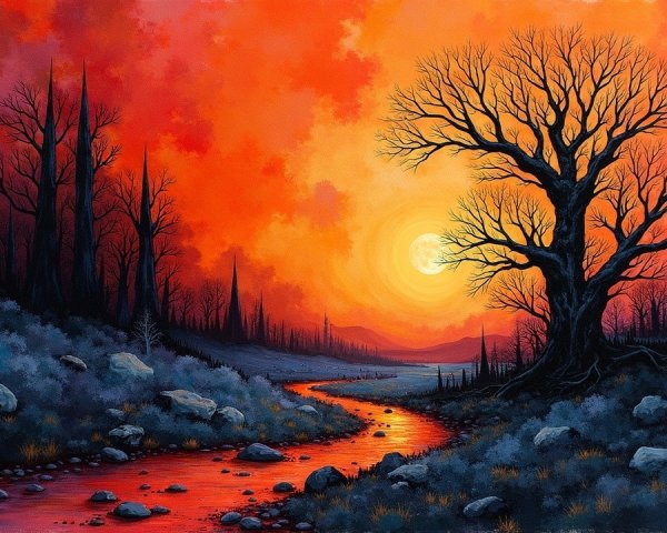 Dramatic Sunset Landscape with Leafless Tree and Stream