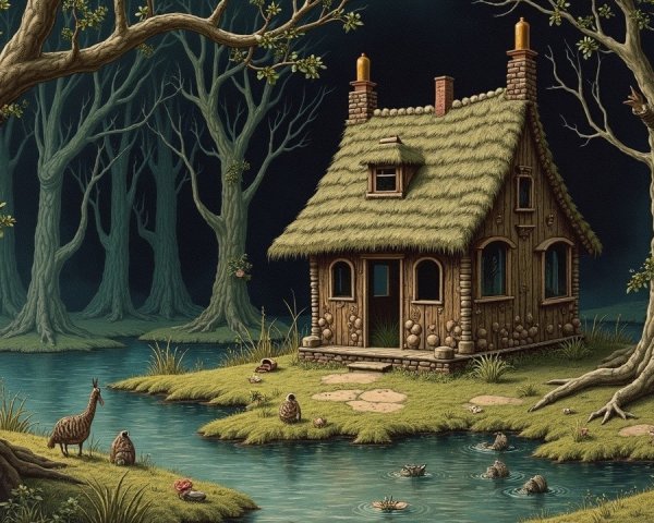 Whimsical Cottage by Tranquil Pond in Enchanted Forest