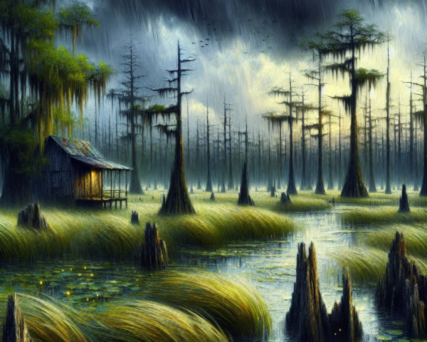Mysterious Swamp Scene Under Stormy Sky with Cabin