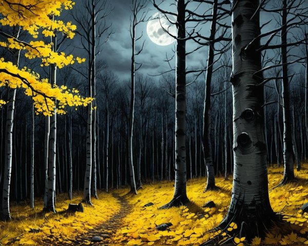 Moonlit Forest with Shadows and Autumn Leaves