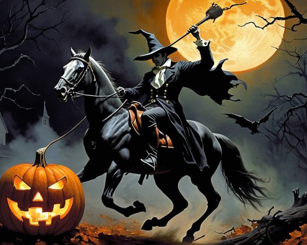 Witch on Black Horse Under Full Moon with Jack-o'-Lantern