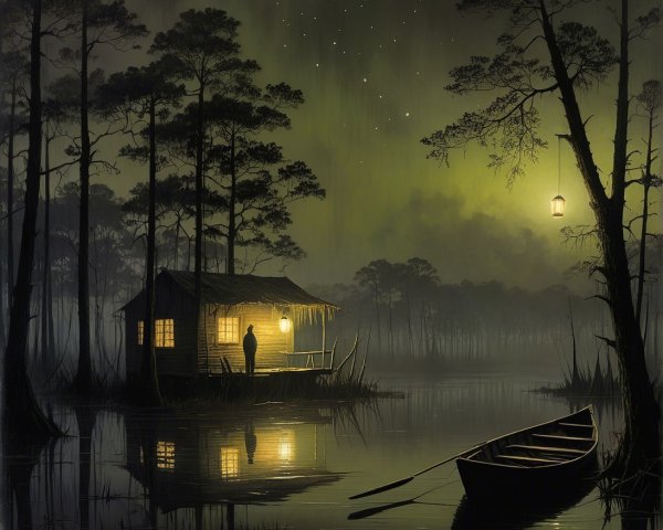 Moonlit Swamp Scene with Cabin and Still Water