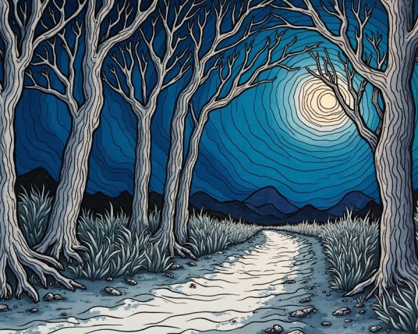 Moonlit Pathway Through a Tranquil Forest Scene