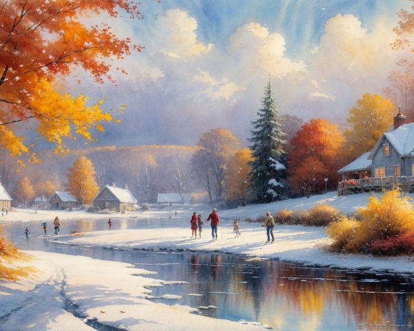 Winter Landscape with River and Autumn Trees