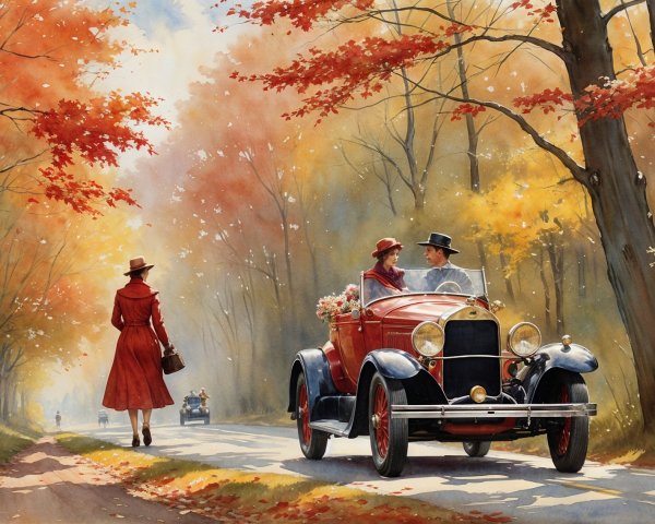 Vibrant Autumn Landscape with Classic Red Car